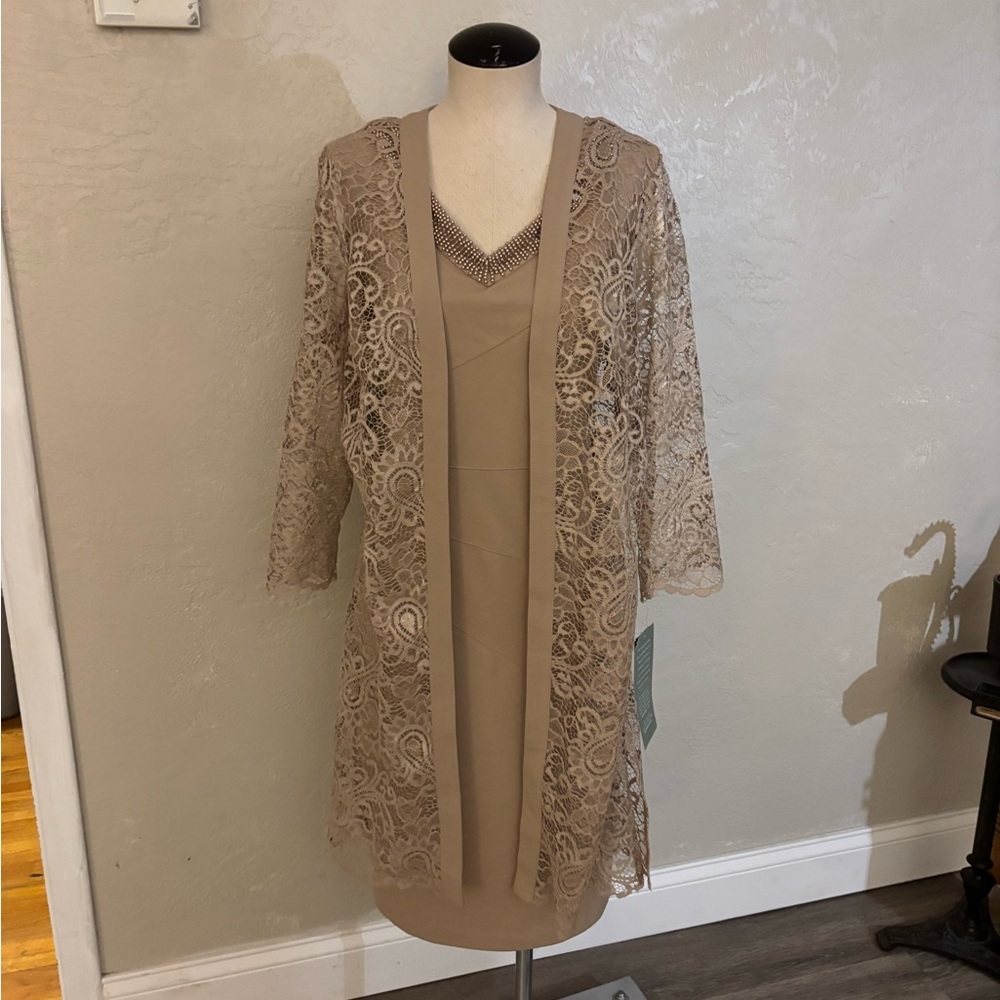 Maya Brooke Elegant Lace Overlay Dress Set in Taupe Sz 16 NWT